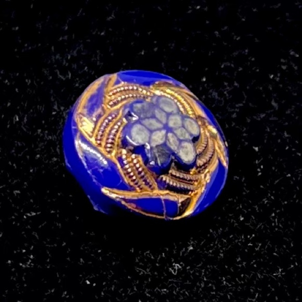 Vintage Czech Hand Made Gold Gilt Indigo Blue Art Glass Flower Button Bead .38”